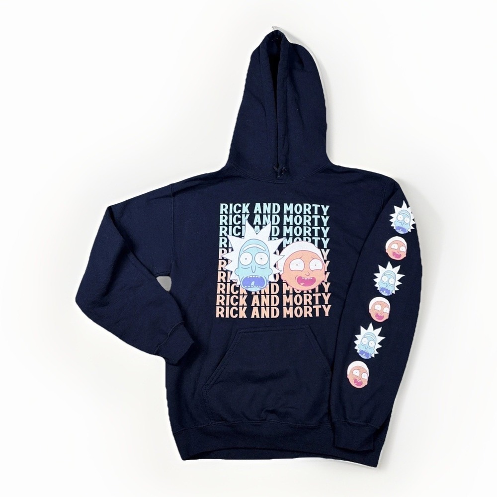 Rick and Morty Graphic Hoodie Adult Small Navy Blue Sleeve Print Sweatshirt